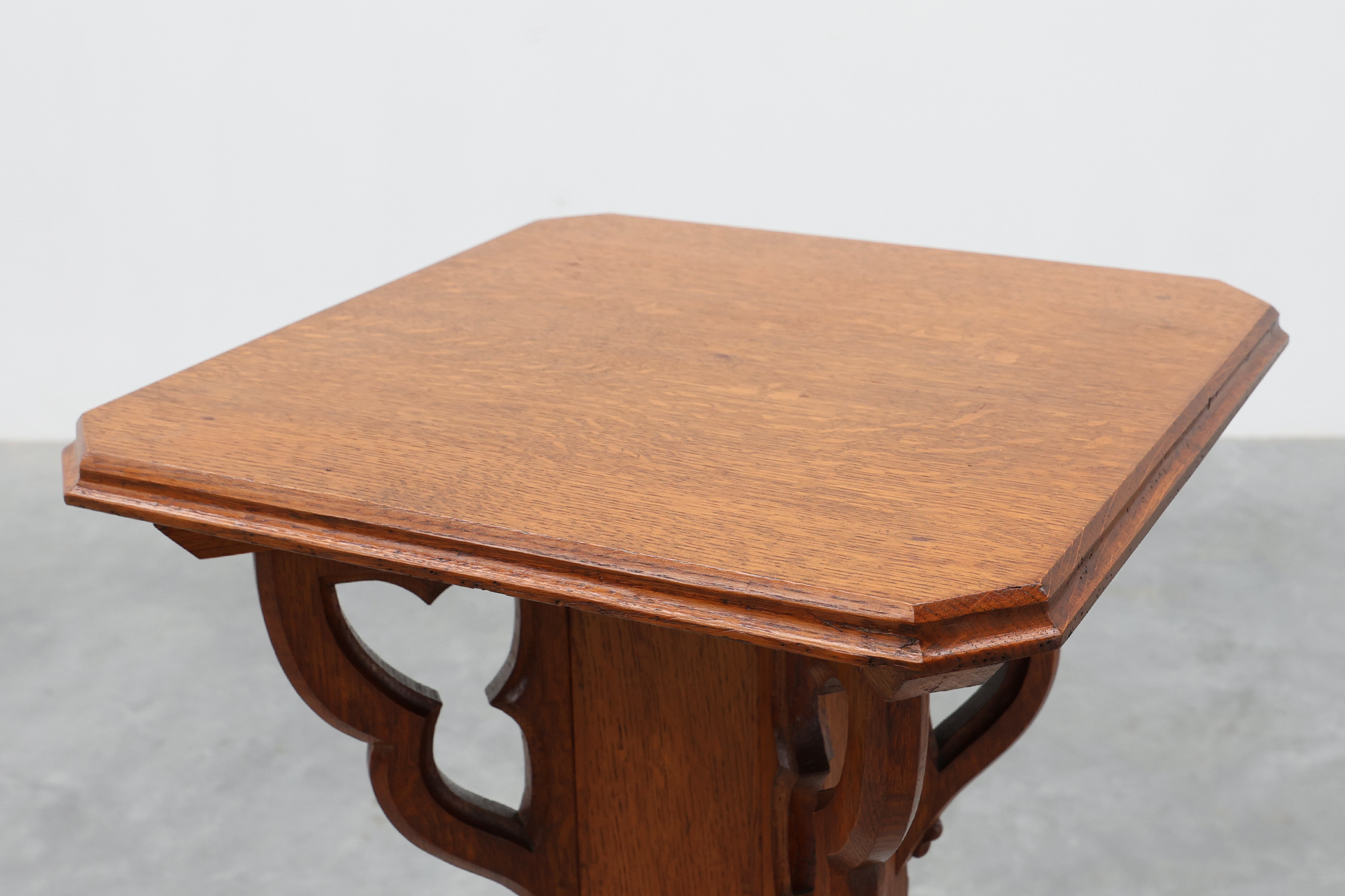 Art Deco oak pedestal with pierced brackets and cross base, Belgium 1920sthumbnail